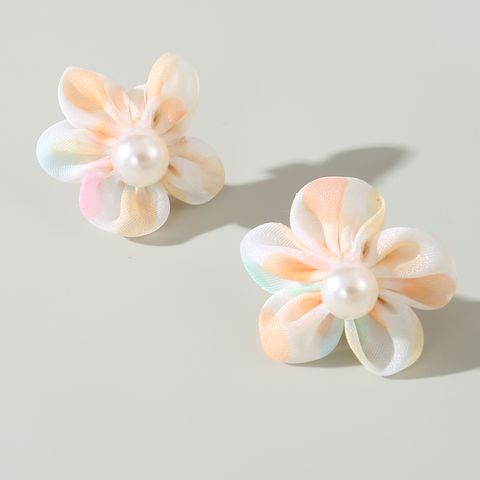 1 Pair Cute Lady Sweet Flower Inlay Cloth Artificial Pearls Ear Studs