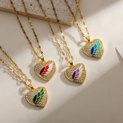 Titanium Steel Copper Gold Plated IG Style Shiny Enamel Inlay Heart Shape Wings Zircon Pendant Necklace