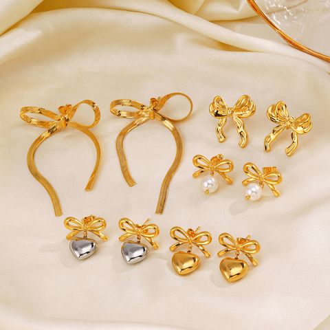 1 Pair Sweet Simple Style Heart Shape Bow Knot Polishing Pearl 304 Stainless Steel 18K Gold Plated Drop Earrings