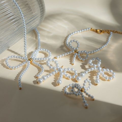 Edelstahl 304 Perle 18 Karat Vergoldet IG-Stil Elegant Perlen Bogenknoten Ringe Ohrringe Halskette