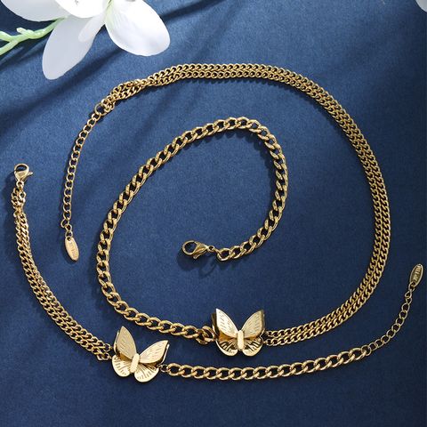 304 Stainless Steel 14K Gold Plated Retro Sweet Tassel Plating Butterfly Bracelets Earrings Necklace