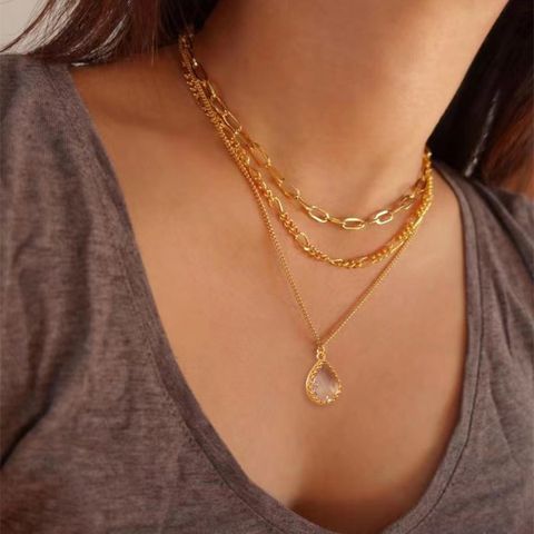 Wholesale Jewelry Simple Style Water Droplets Copper Copper Alloy Zircon Inlay Three Layer Necklace