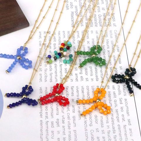 Copper Elegant Cute Beaded Bow Knot Pendant Necklace