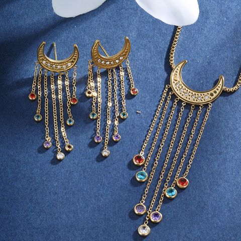 304 Stainless Steel 18K Gold Plated Glam XUPING Sweet Tassel Plating Inlay Moon Artificial Gemstones Jewelry Set
