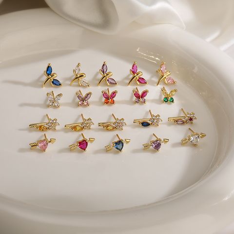 1 Pair Elegant Lady Modern Style Heart Shape Dragonfly Butterfly Plating Inlay Copper Copper Zircon Ear Studs