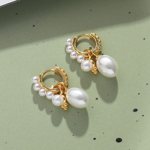 1 Pair Simple Style Classic Style Geometric Water Droplets Plating Inlay Metal Copper Brass Pearl Gold Plated Dangling Earrings