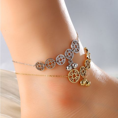 Retro XUPING Simple Style Coin Bell 304 Stainless Steel Plating Hollow Out 18K Gold Plated Women's Anklet