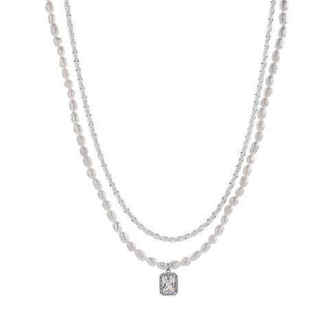 Elegant Square Water Droplets Freshwater Pearl Metal Inlay Zircon Necklace