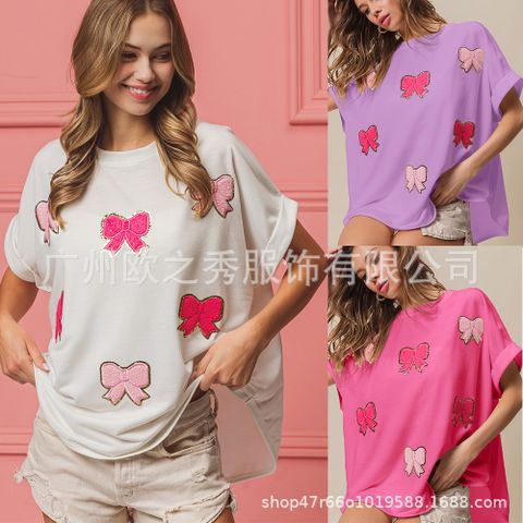 Women's T-shirt Short Sleeve T-Shirts Sequins Patchwork Simple Style Bow Knot