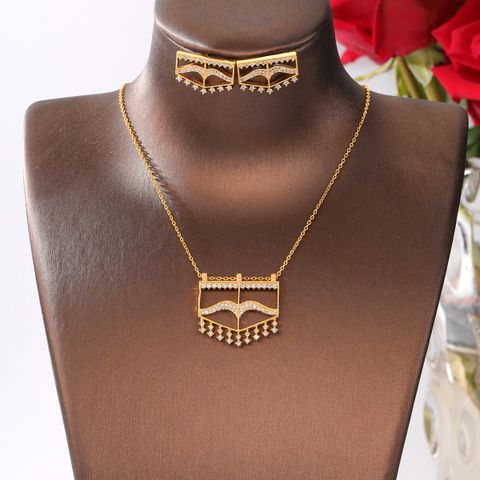Copper 18K Gold Plated Elegant Lady Bridal Inlay Geometric Zircon Earrings Necklace