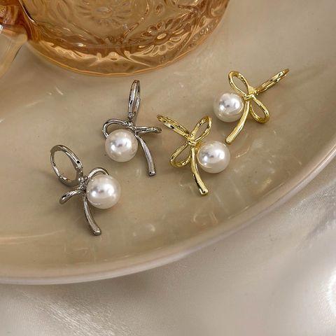 1 Pair Elegant Luxurious Bow Knot Patchwork Imitation Pearl Alloy Drop Earrings