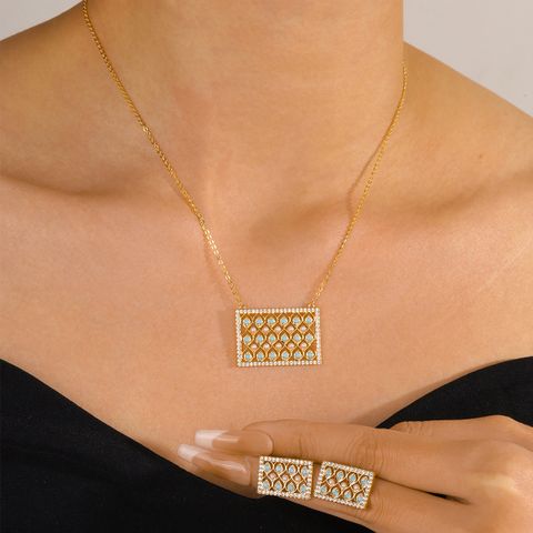 Seed Bead Copper 18K Gold Plated Elegant Lady Bridal Inlay Geometric Zircon Earrings Necklace