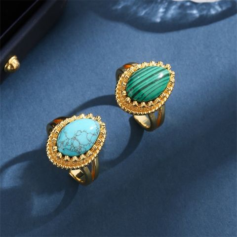 Classic Style Color Block Copper 18K Gold Plated Turquoise Open Rings In Bulk