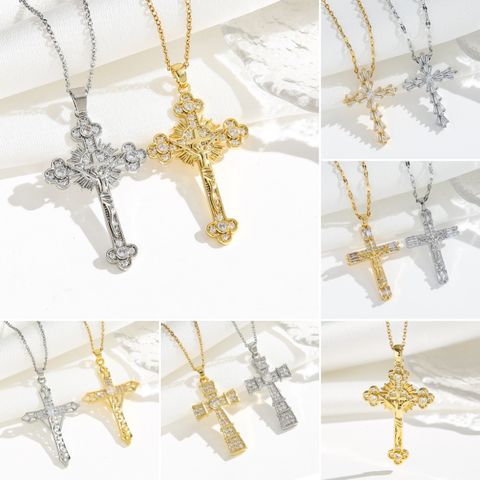 Titanium Steel 18K Gold Plated Simple Style Classic Style Plating Inlay Cross Zircon Pendant Necklace