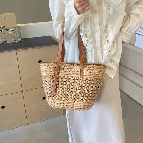Women's Large Straw Solid Color Vacation Beach Zipper Straw Bag