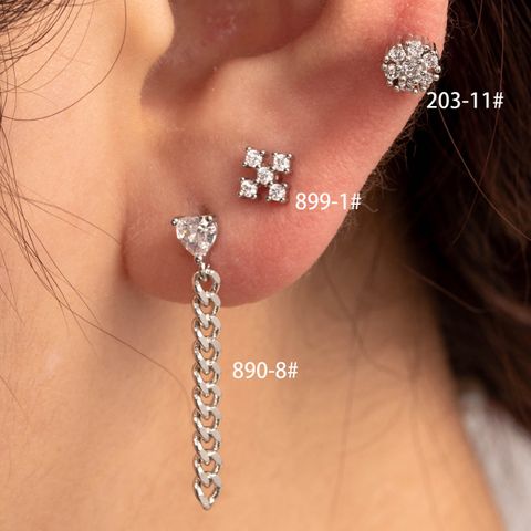 1 Piece Casual French Style Shiny Heart Shape Flower Chain Inlay Copper Zircon Cartilage Earrings