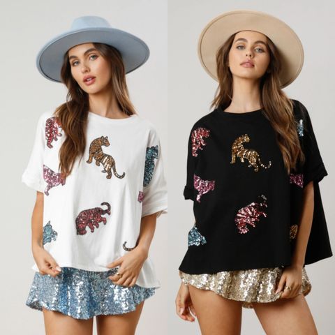 Women's T-shirt Short Sleeve T-Shirts Sequins Simple Style Tiger