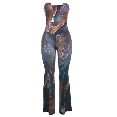 Women's Party Bar Streetwear Color Block Full Length Printing Backless Casual Pants Jumpsuits
