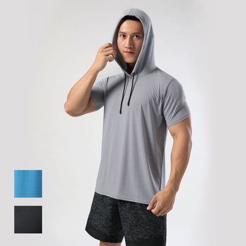 Men's Sports Solid Color Chemical Fiber Blending Nylon Hooded Active Tops T-shirt