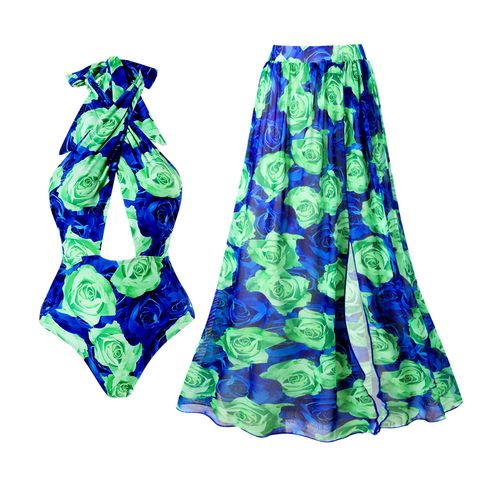 Women's Tropical Solid Color Flower 3 Pieces Set One Piece Swimwear