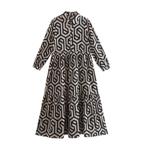 Women's Regular Dress Streetwear Turndown Printing Long Sleeve Geometric Maxi Long Dress Holiday Daily
