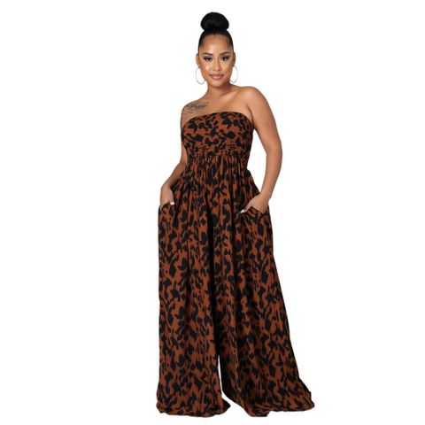 Vacation Stripe Leopard Polyester Jumpsuits