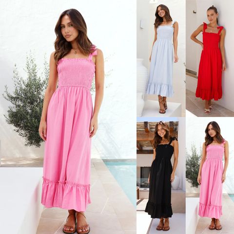 Women's Regular Dress Simple Style Strap Lettuce Trim Sleeveless Solid Color Midi Dress Holiday Daily Beach