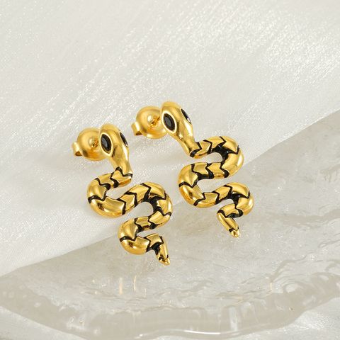 1 Pair IG Style Simple Style Snake Inlay 304 Stainless Steel Zircon 18K Gold Plated Ear Studs