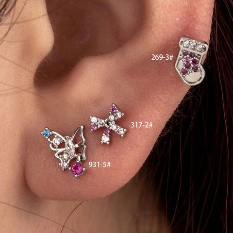 1 Piece Casual French Style Christmas Socks Butterfly Bow Knot Hollow Out Inlay Copper Zircon Cartilage Earrings
