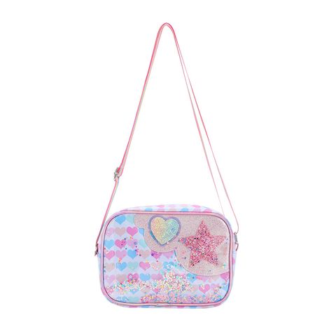 Kid‘s Medium Glitter Polyester Star Heart Shape Cute Square Zipper Crossbody Bag