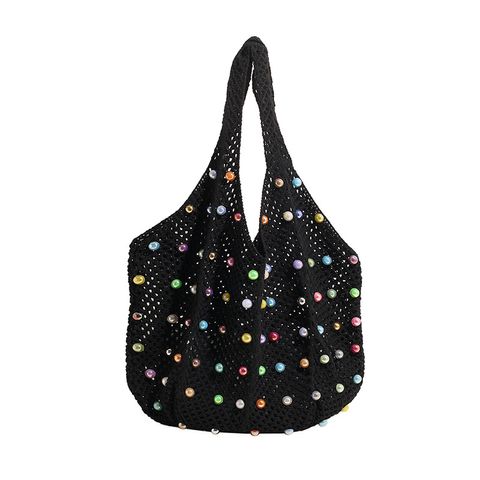 Women's Large Fabric Solid Color Vintage Style Beach Pearls Hollow Open Shoulder Bag