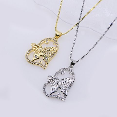 Copper 18K Gold Plated Elegant Sweet Shiny Hollow Out Inlay Heart Shape Butterfly Zircon Pendant Necklace