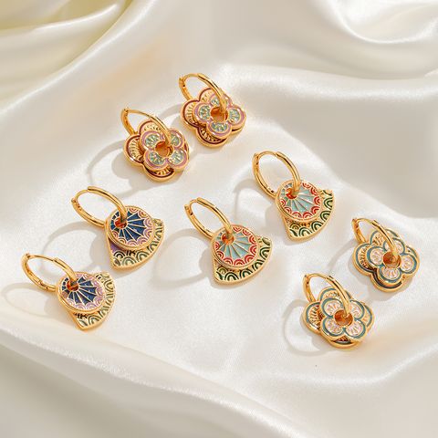1 Paar Klassisch Ethnischer Stil Bohemien Blume Emaille Kupfer 18 Karat Vergoldet Tropfenohrringe
