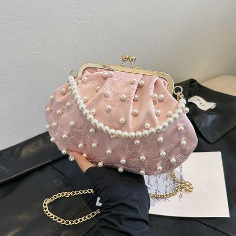 Women's Medium Special Solid Color Elegant Classic Style Pearls Clasp Frame Dome Bag