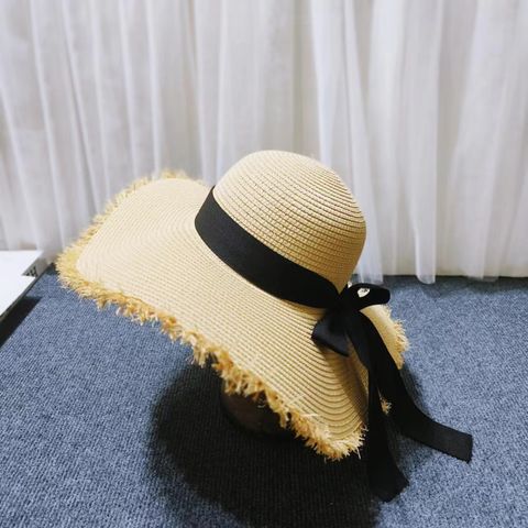 Women's Elegant Simple Style Solid Color Bow Knot Wide Eaves Straw Hat