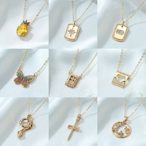 Copper Gold Plated Casual Classic Style Plating Inlay Cross Heart Shape Butterfly Zircon Pendant Necklace