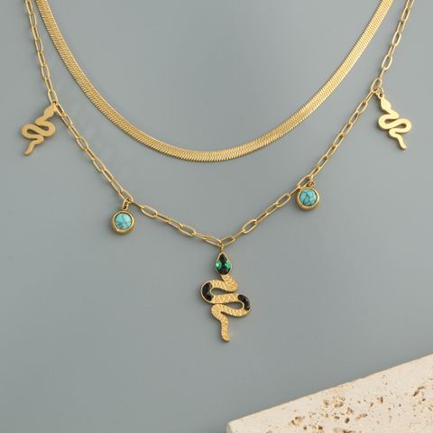 304 Stainless Steel 18K Gold Plated Hip-Hop Luxurious Plating Inlay Snake Turquoise Zircon Double Layer Necklaces