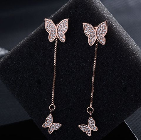 1 Pair Simple Style Shiny Butterfly Chain Inlay Copper Zircon Drop Earrings