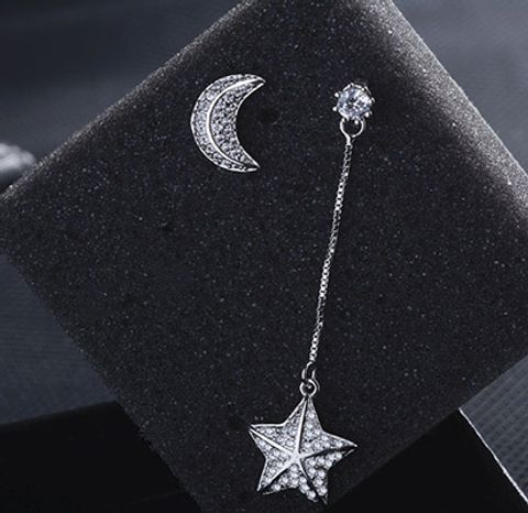 1 Pair IG Style Shiny Star Moon Asymmetrical Inlay Copper Zircon Drop Earrings Ear Studs