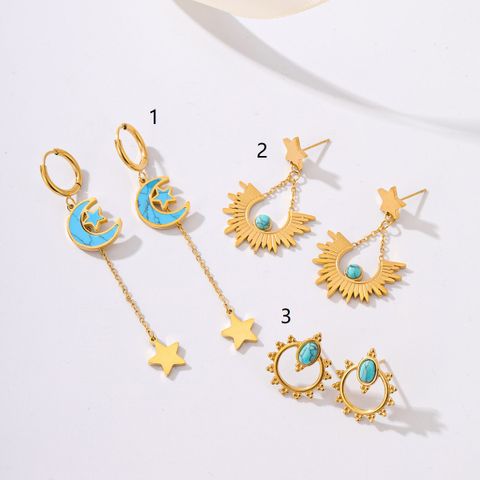 1 Pair Basic Classic Style Star Moon Inlay 201 Stainless Steel Turquoise 18K Gold Plated Drop Earrings