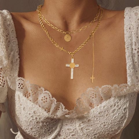 304 Stainless Steel 18K Gold Plated Elegant Lady Streetwear Plating Inlay Cross Round Zircon Three Layer Necklace Pendant Necklace