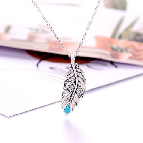 Sterling Silver Rhodium Plated Elegant Retro Simple Style Plating Inlay Feather Zircon Pendant Necklace