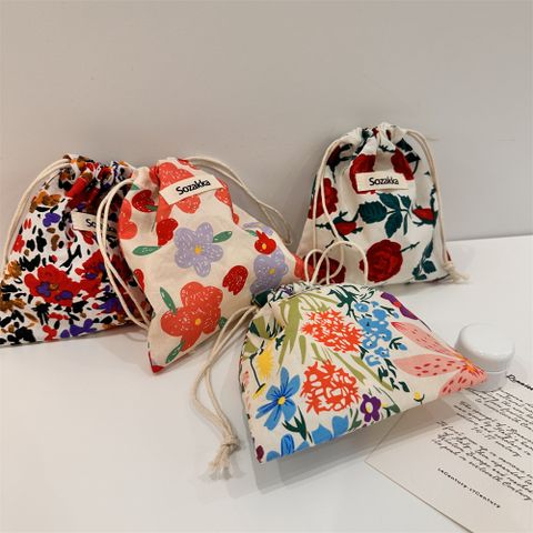 Women's Small Cotton Flower Streetwear String Cosmetic Bag