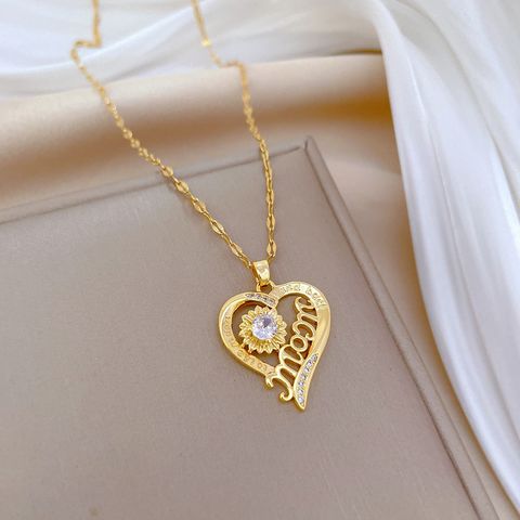 Titanium Steel Copper MAMA Simple Style Classic Style Hollow Out Inlay Letter Heart Shape Flower Zircon Pendant Necklace