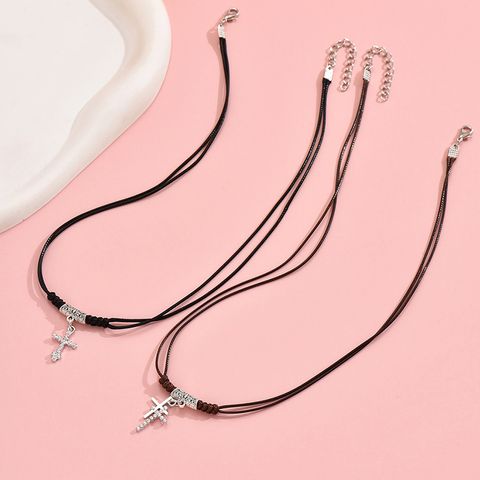 Wholesale Jewelry IG Style Simple Style Cross Alloy Leather Rope Zinc Alloy Zircon Inlay Pendant Necklace