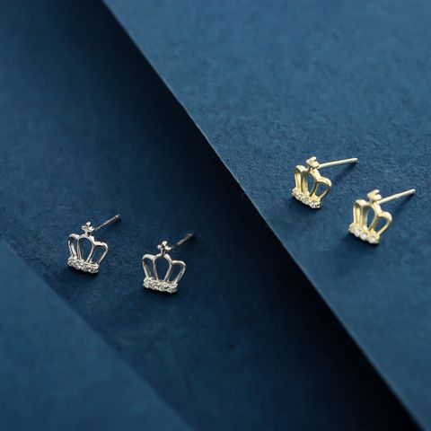 1 Pair Elegant Basic Classic Style Crown Plating Inlay Sterling Silver Zircon 14K Gold Plated Ear Studs