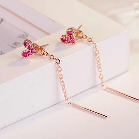 1 Pair Simple Style Shiny Heart Shape Chain Inlay Copper Zircon Drop Earrings Ear Studs