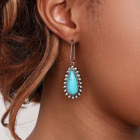 1 Pair Simple Style Classic Style Water Droplets Inlay Alloy Turquoise Drop Earrings