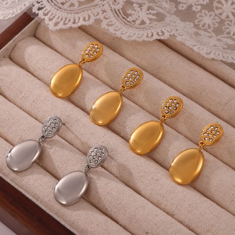 1 Pair Casual Simple Style Round Oval Plating Inlay Titanium Steel Rhinestones 18K Gold Plated Drop Earrings