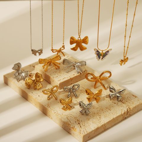 Edelstahl 304 18 Karat Vergoldet IG-Stil Süss Künstlerisch Polieren Schmetterling Bogenknoten Ringe Ohrringe Halskette